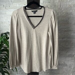 Ralph Lauren Tan Grey Beaded Pintuck Blouse Size XS